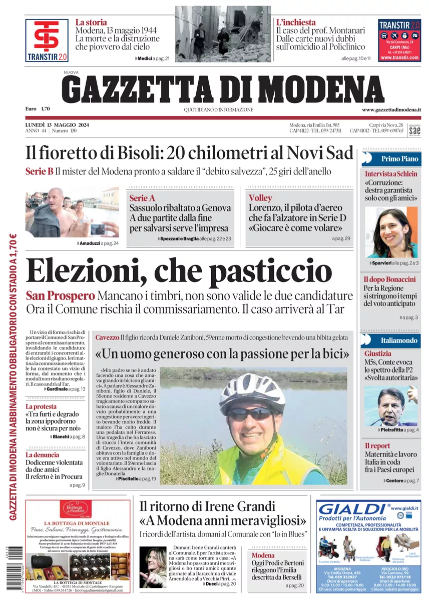 Prima-pagina-gazzetta di modena-oggi-edizione-del-2024-05-13